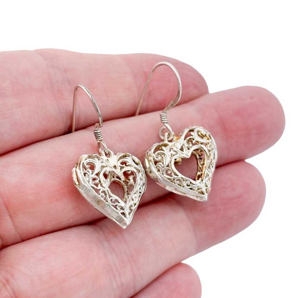 Vintage Sterling Silver 925 Filigree Heart Dangle… - image 1