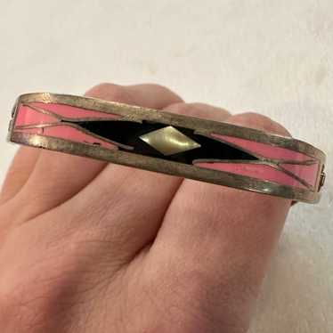 Vintage Mexico Silver Abalone Shell Hinge Bangle … - image 1