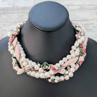 Vintage Necklace Unusual Faux Pearl & Fabric Twis… - image 1