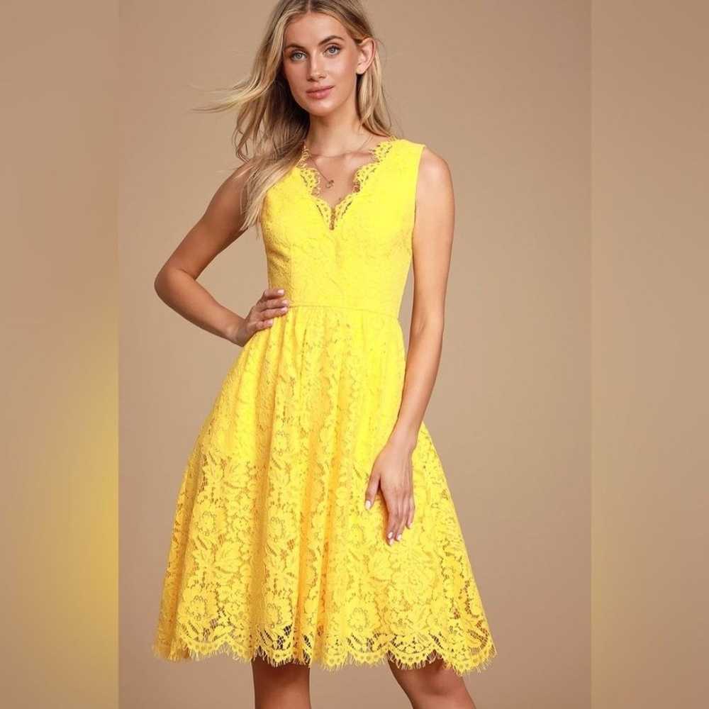 Lulus Love Swept Yellow Lace Midi Skater Dress Si… - image 1