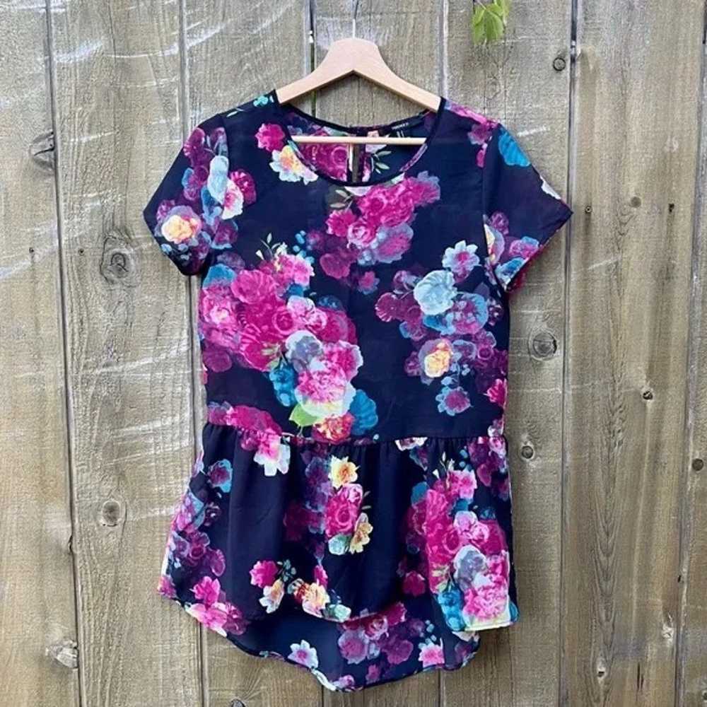 Vintage Navy Moody Floral Peplum Babydoll Tunic T… - image 1