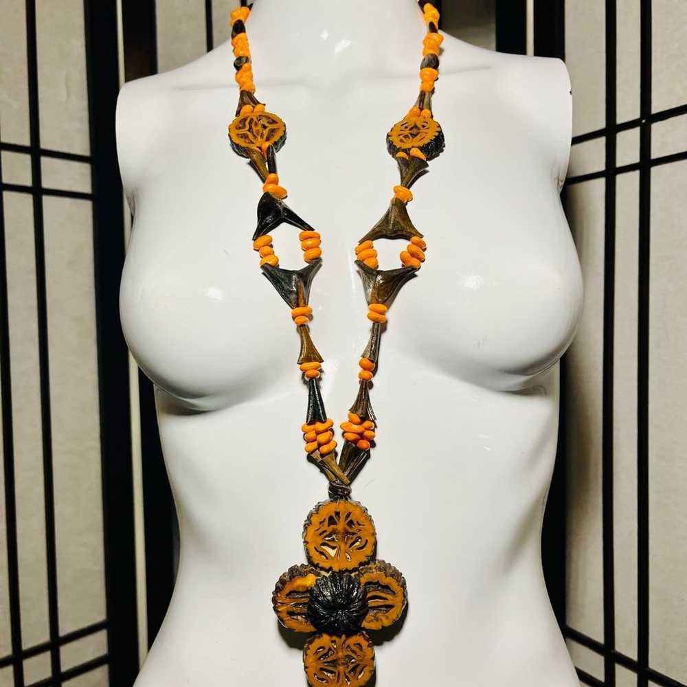 Wood carved necklace and seeds beads hand made go… - image 1