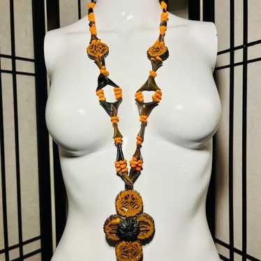 Wood carved necklace and seeds beads hand made go… - image 1