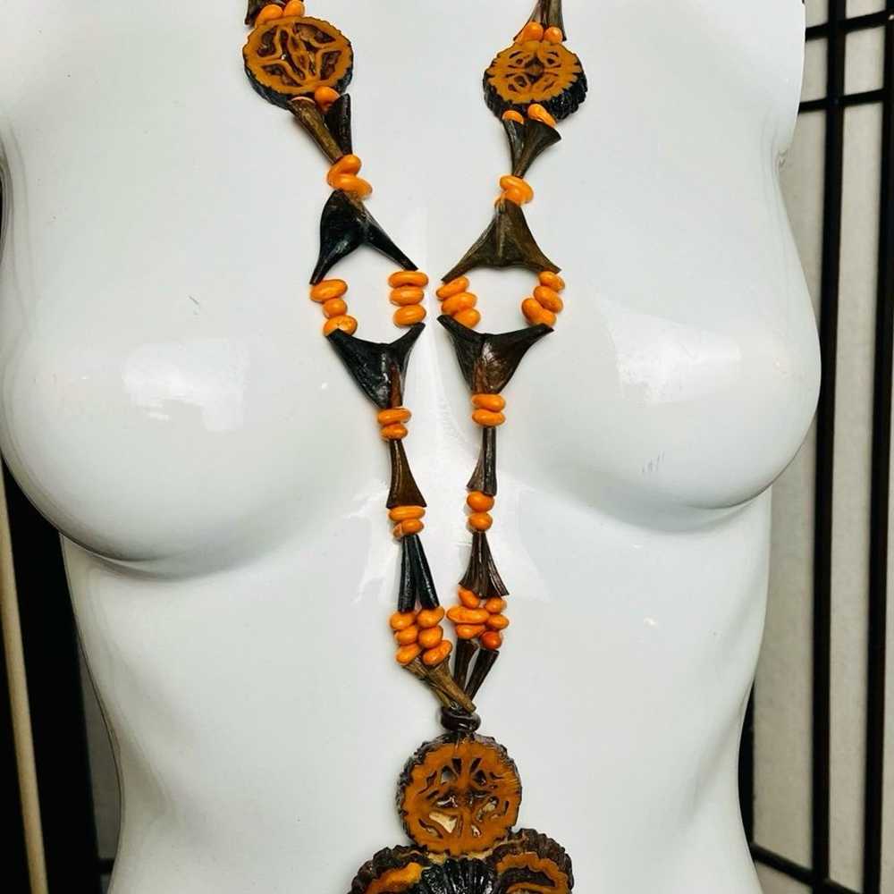 Wood carved necklace and seeds beads hand made go… - image 2