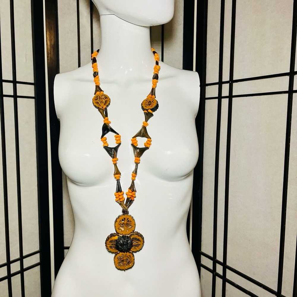 Wood carved necklace and seeds beads hand made go… - image 3