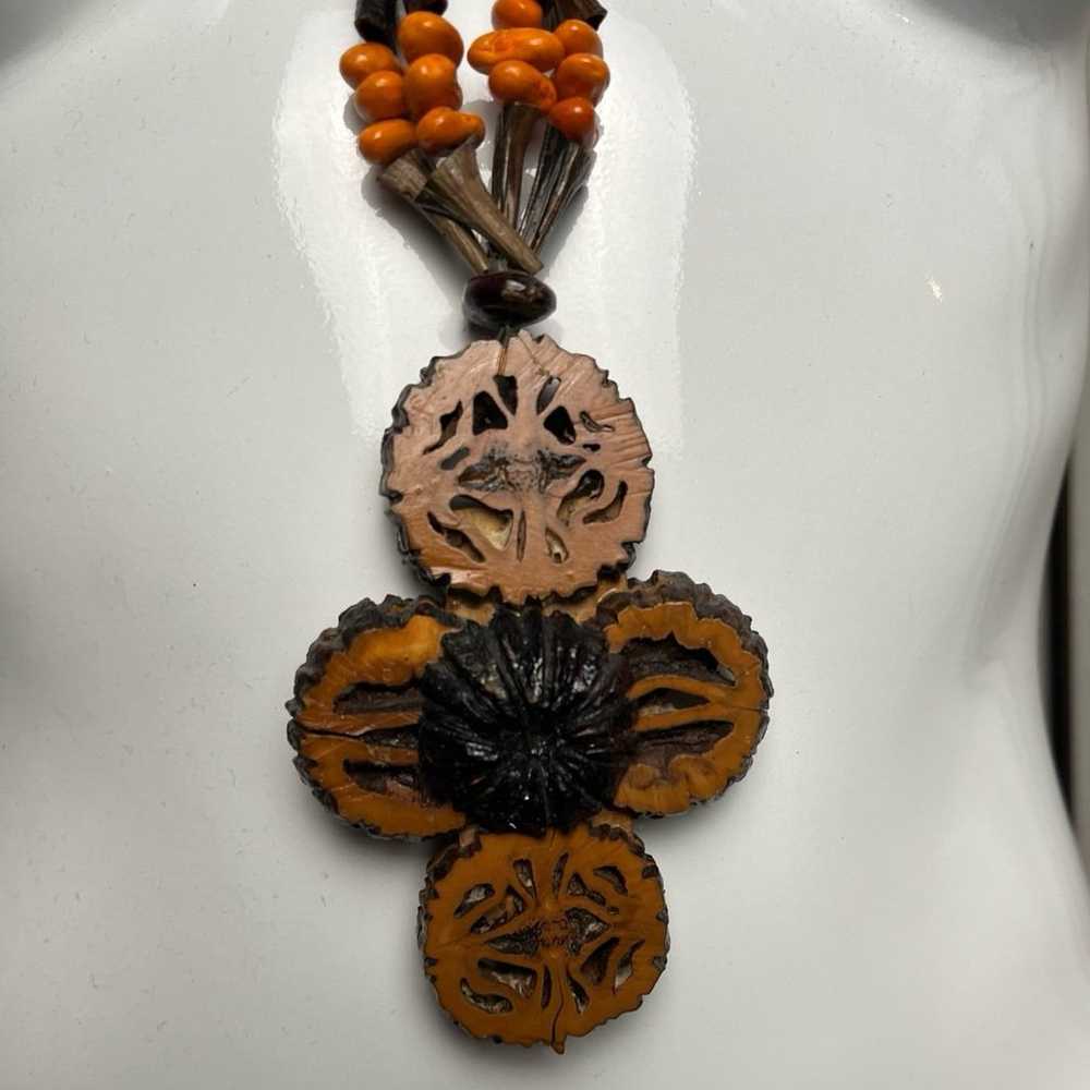 Wood carved necklace and seeds beads hand made go… - image 5