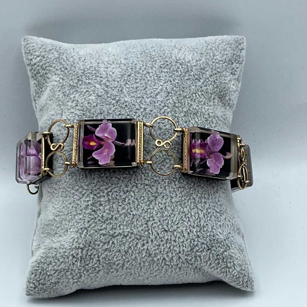 Vintage Reverse Carved Lucite Orchid Link Bracelet - image 1