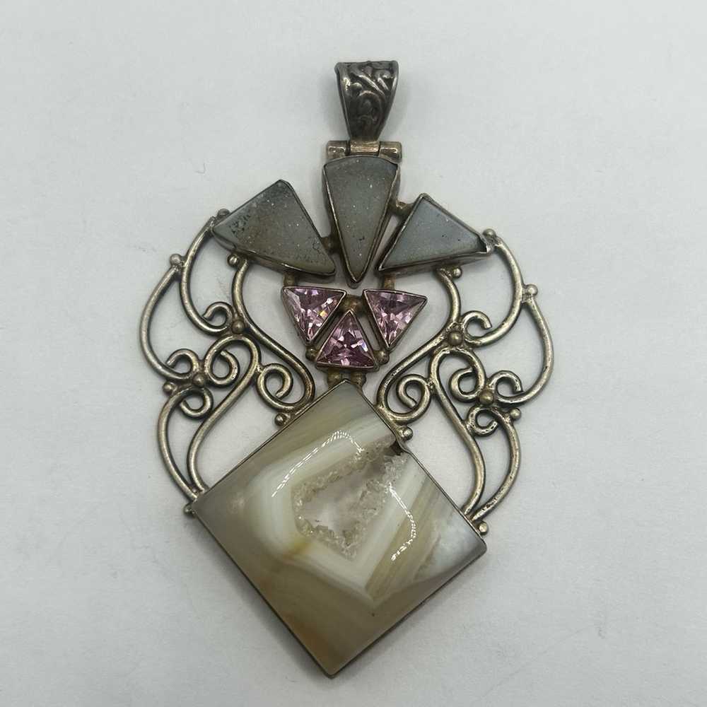 Large Vintage Gemstone Pendant Sterling Silver - image 1