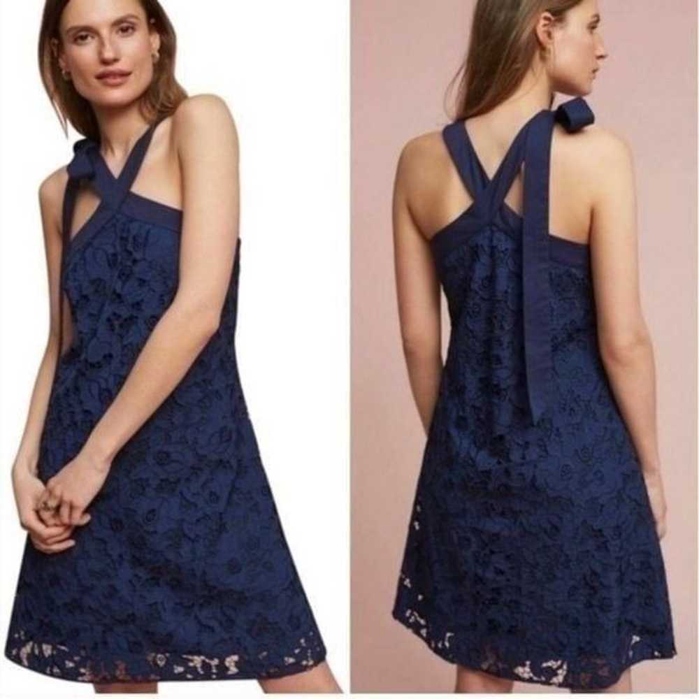 Anthropologie Shoshanna Floral Lace Navy Blue Hal… - image 1