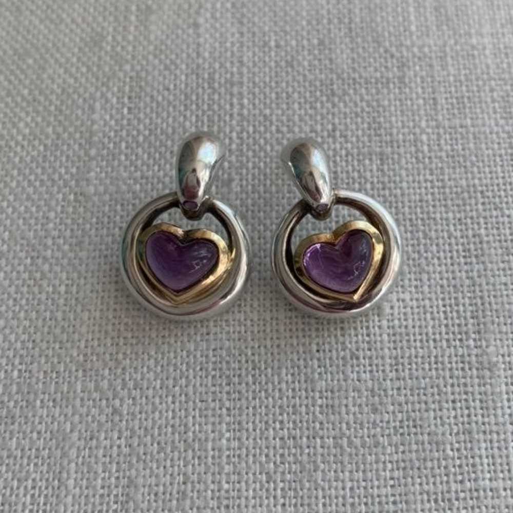 Movado 925 & 18K Amethyst Heart Earrings - image 2