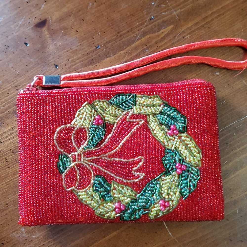 Red Beaded Purse Clutch w/ Green and Gold Beaded … - image 2