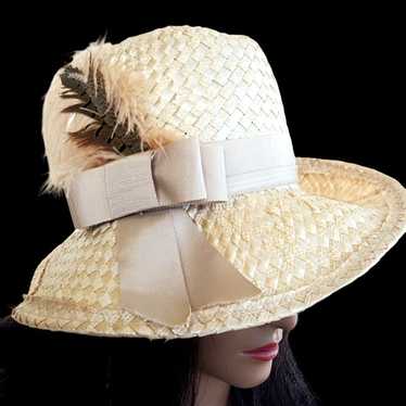 Vintage Straw Hat 60s Bucket Woven Women Beige Ra… - image 1