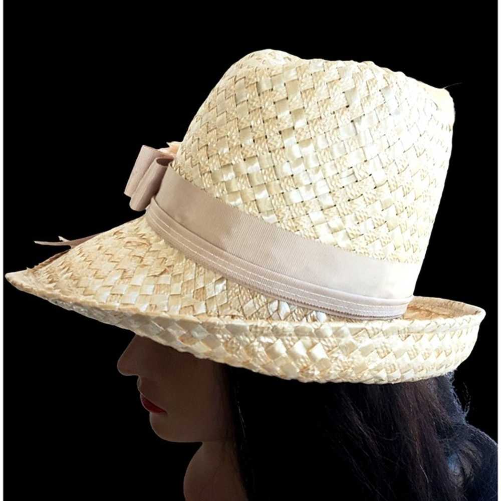 Vintage Straw Hat 60s Bucket Woven Women Beige Ra… - image 5