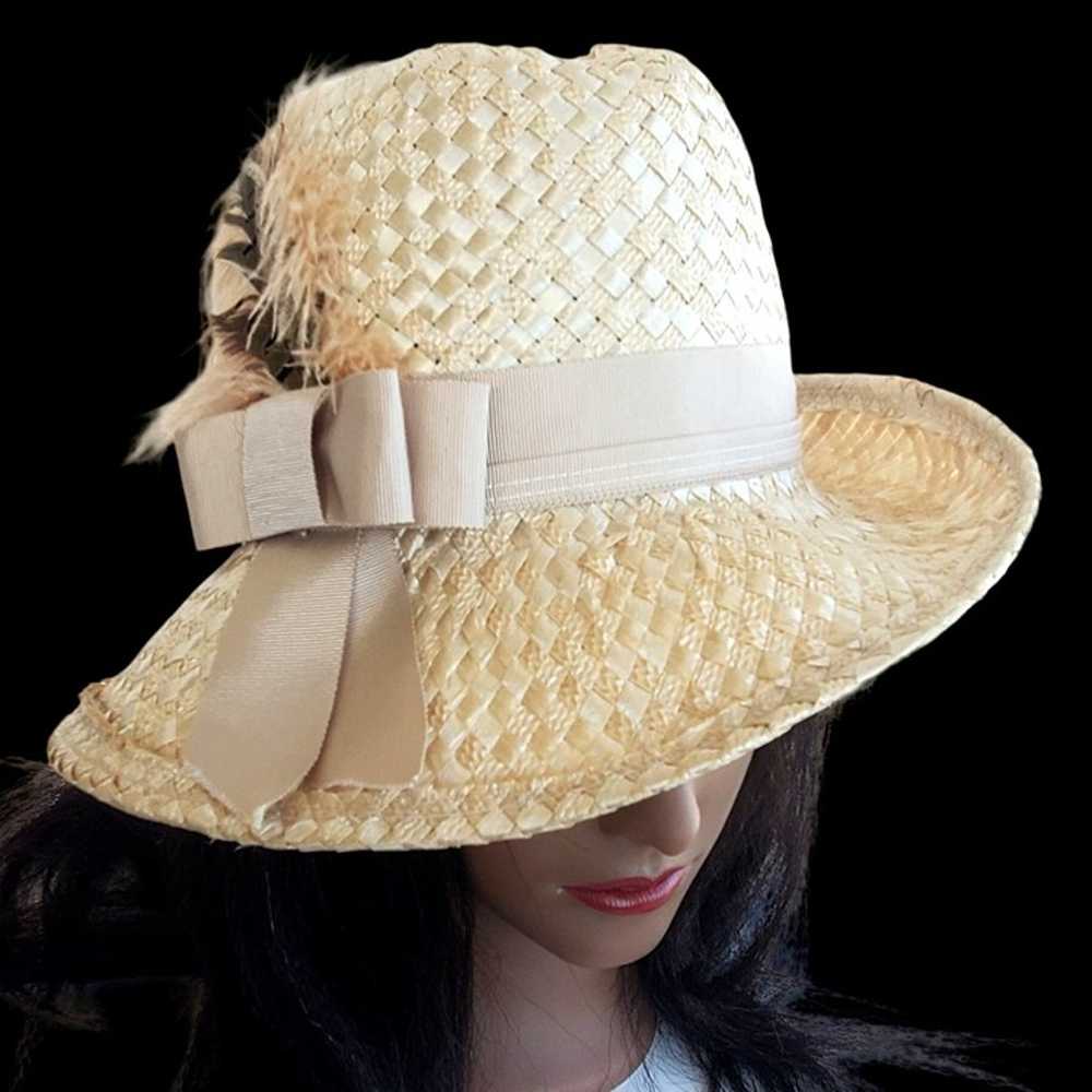 Vintage Straw Hat 60s Bucket Woven Women Beige Ra… - image 6