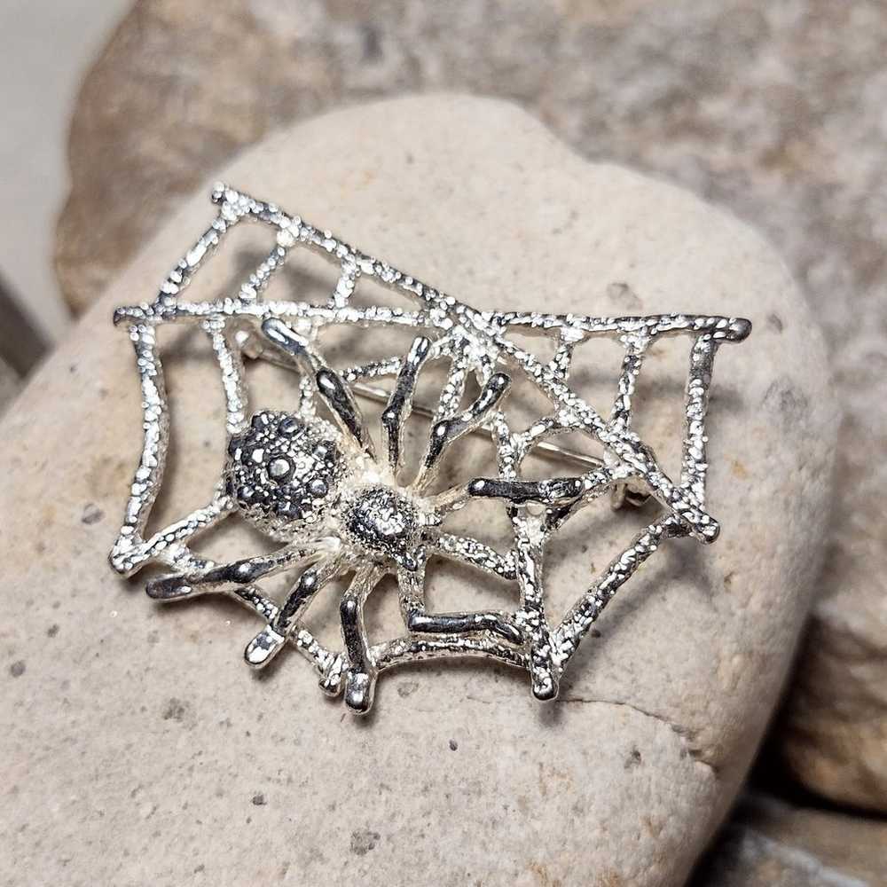 Vintage Spider Web Brooch Pin Silver tone - image 1