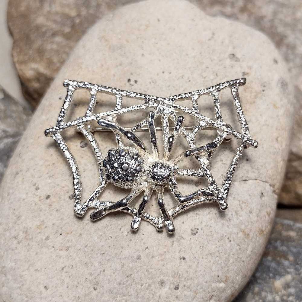 Vintage Spider Web Brooch Pin Silver tone - image 4