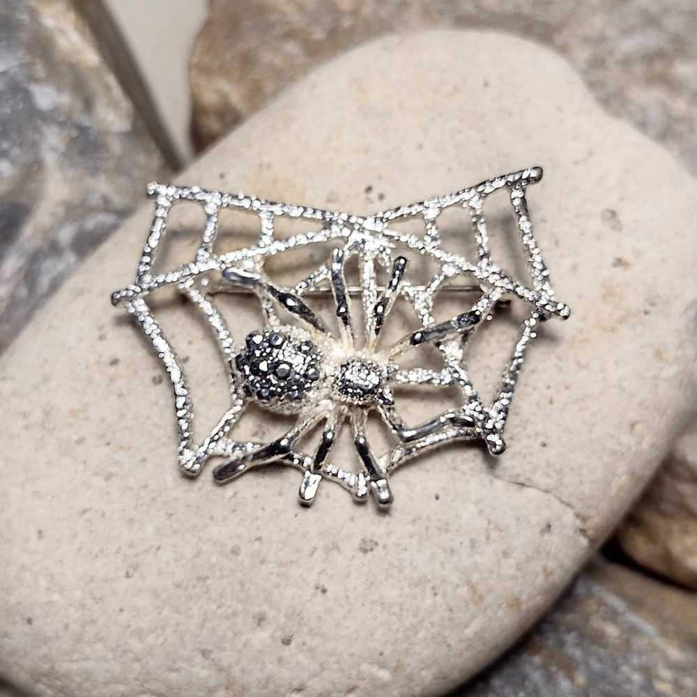 Vintage Spider Web Brooch Pin Silver tone - image 6