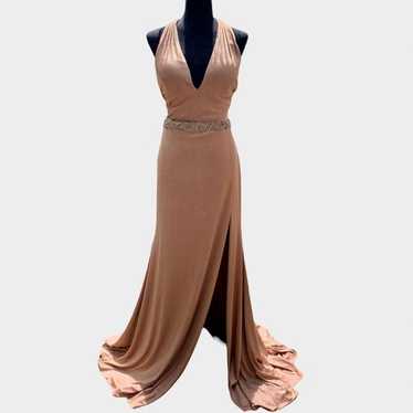 Jovani Gold Shimmer Halter Formal Maxi Gown - image 1