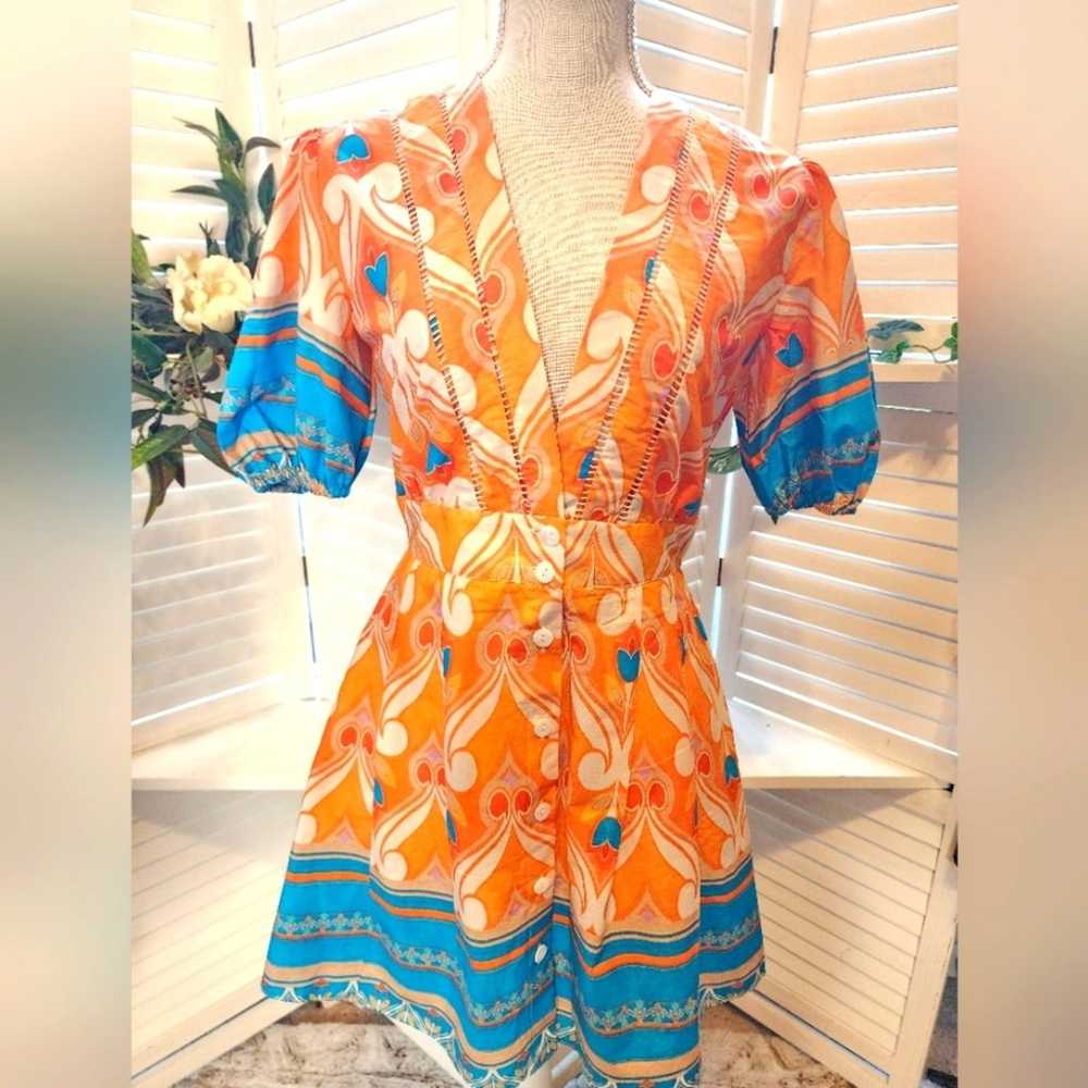 KASIA NWOT ORANGE BLUE SUMMER DRESS WITH PUFF SLE… - image 2