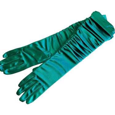 Vintage Long Emerald Ruched Green Gloves