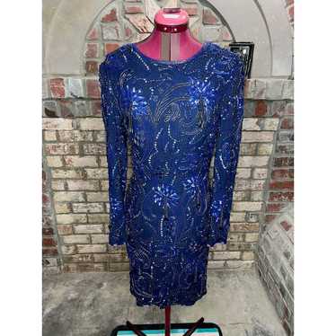 dress 100% silk beaded sequins fringe 1980s blue