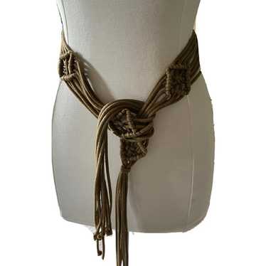 Vtg 1970s Macrame Brown Tie Belt Fringe - image 1