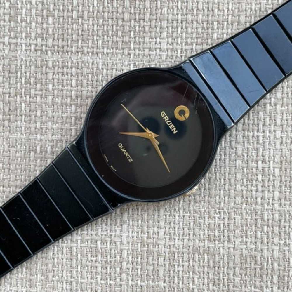 Gruen Vintage Wrist Watch Black Tone Analog Quart… - image 4