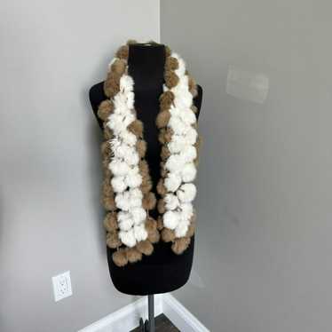 vintage rabbit fur scarf pom pom tan white - image 1