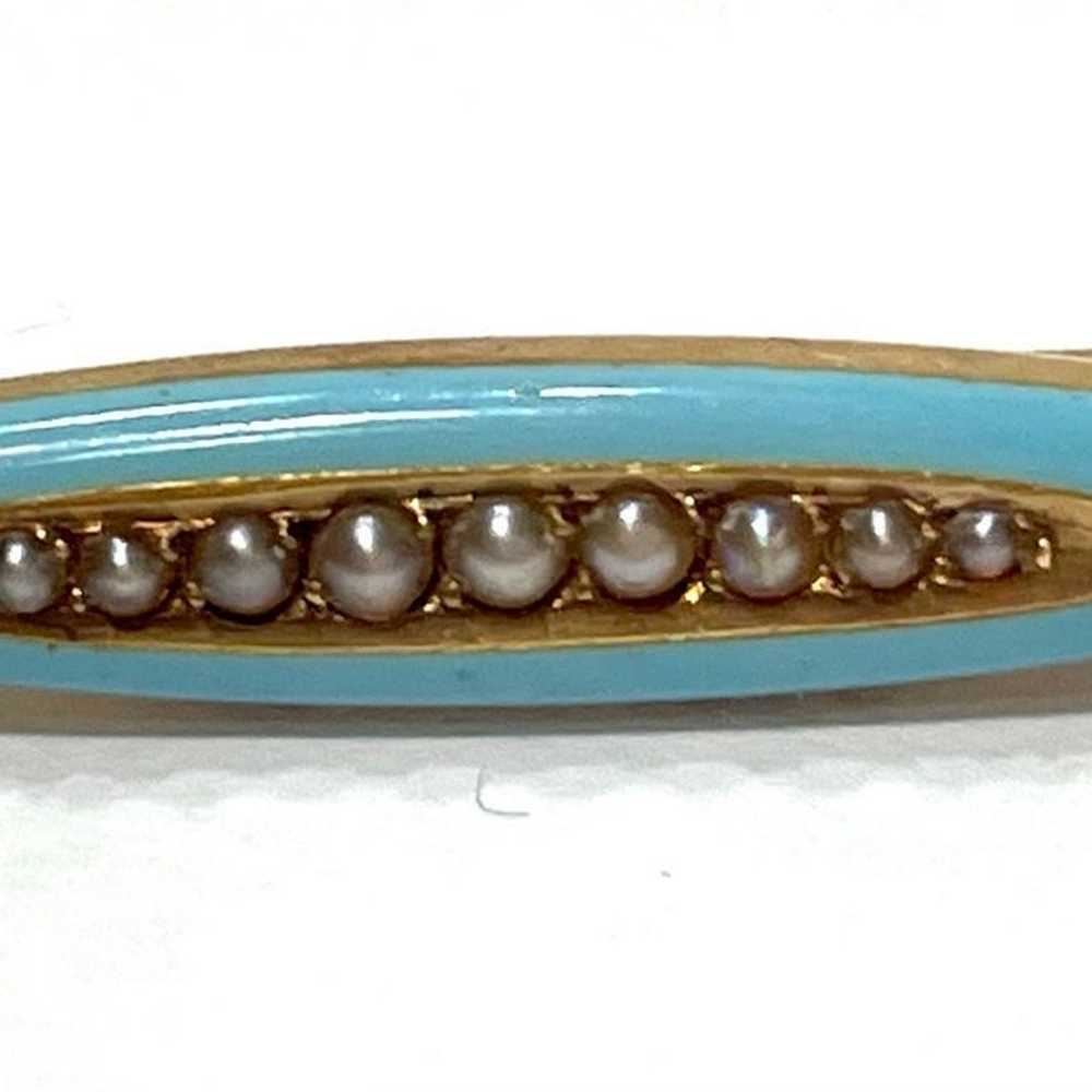 Victorian antique 14k gold blue enamel pearls pin… - image 1