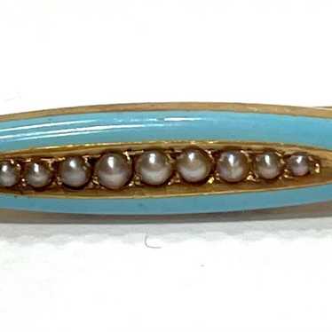 Victorian antique 14k gold blue enamel pearls pin 