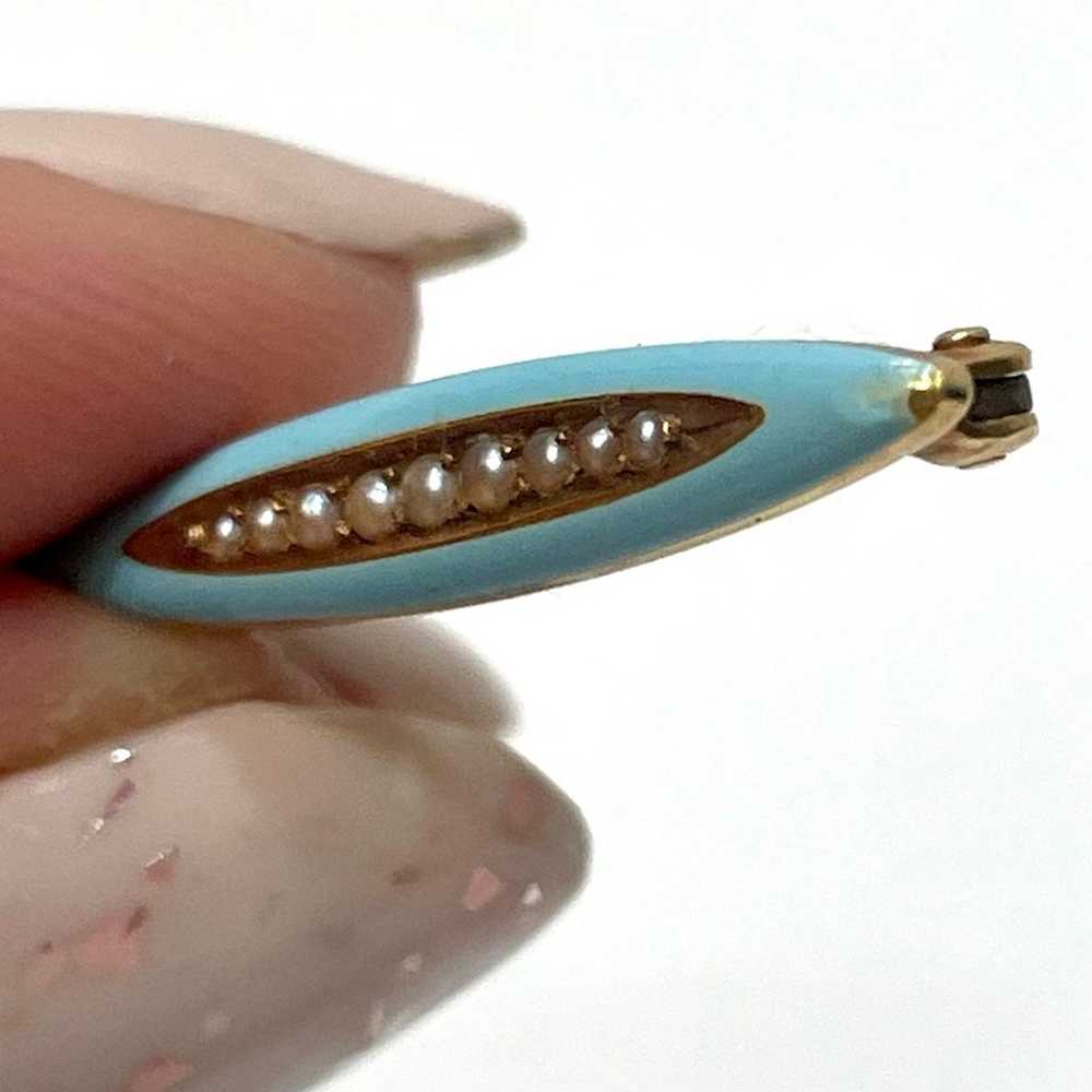 Victorian antique 14k gold blue enamel pearls pin… - image 2