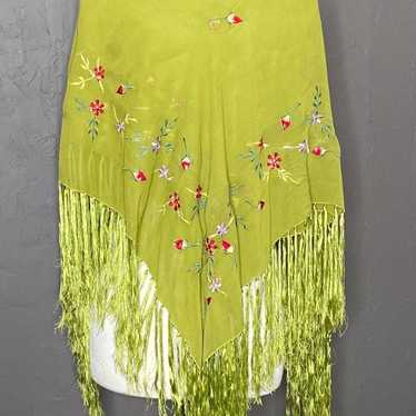 Vintage Chartreuse Embroidered Rayon Piano Shawl … - image 1