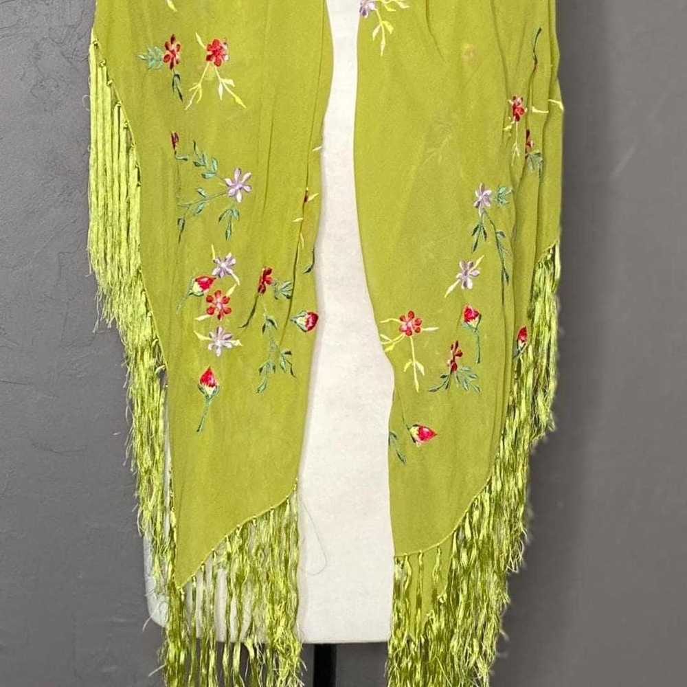 Vintage Chartreuse Embroidered Rayon Piano Shawl … - image 2