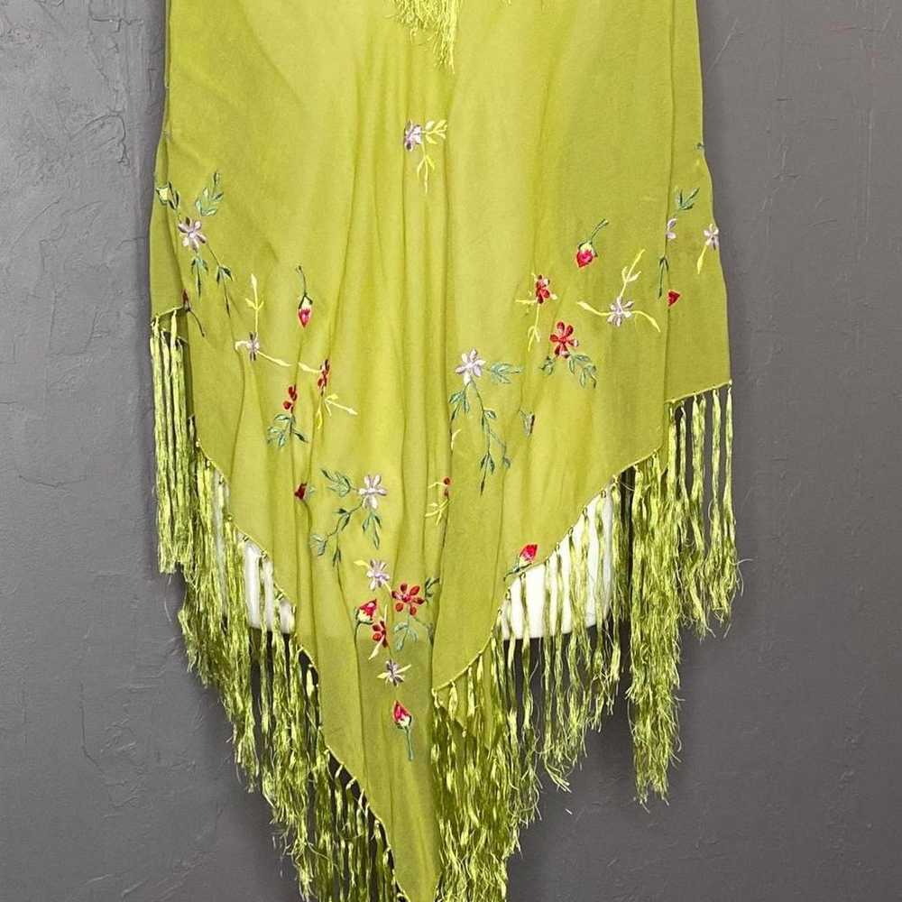 Vintage Chartreuse Embroidered Rayon Piano Shawl … - image 3