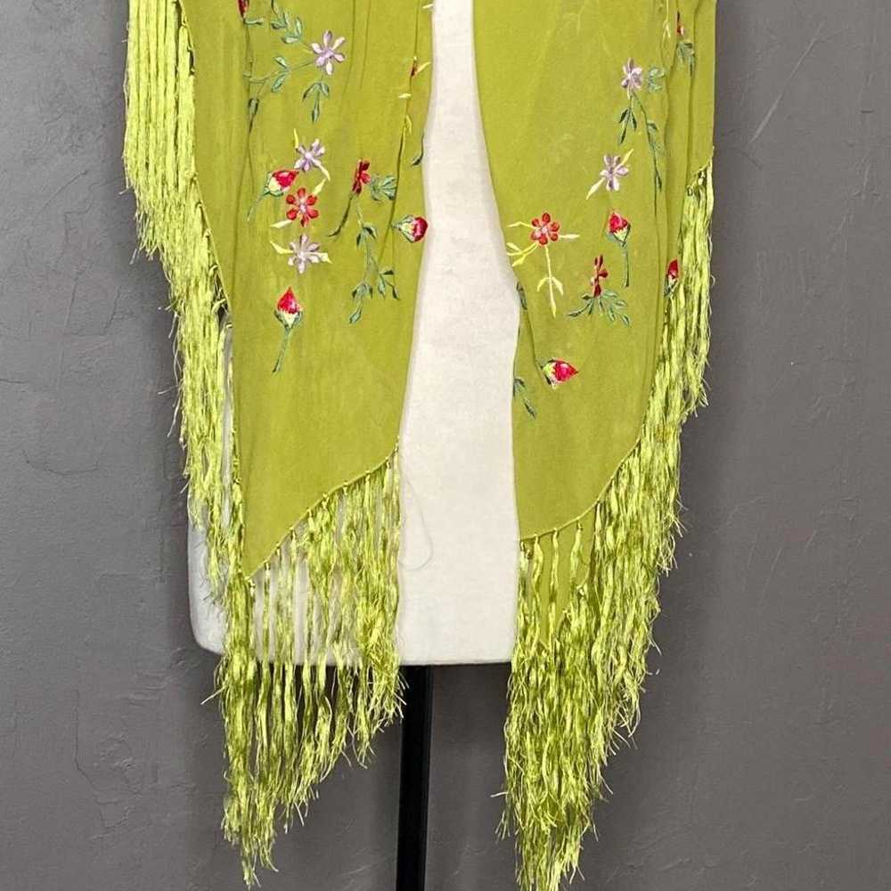 Vintage Chartreuse Embroidered Rayon Piano Shawl … - image 4