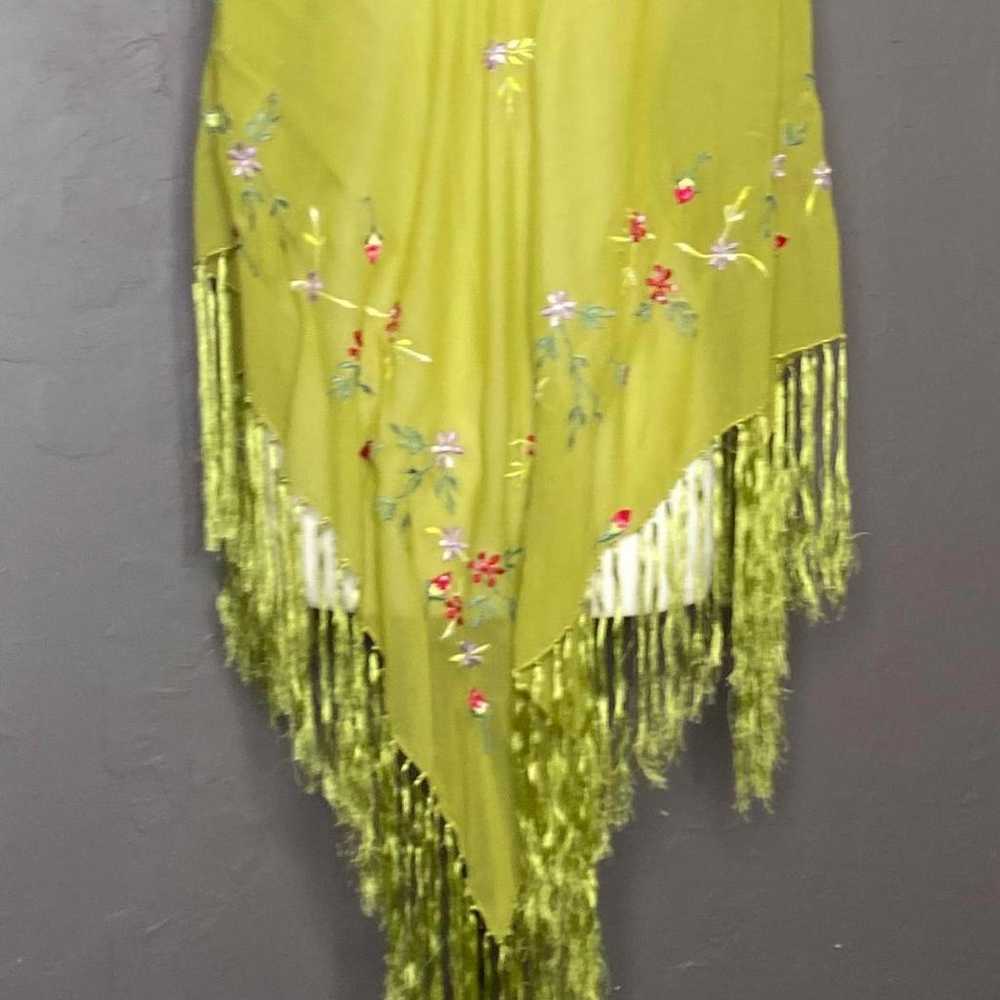 Vintage Chartreuse Embroidered Rayon Piano Shawl … - image 7