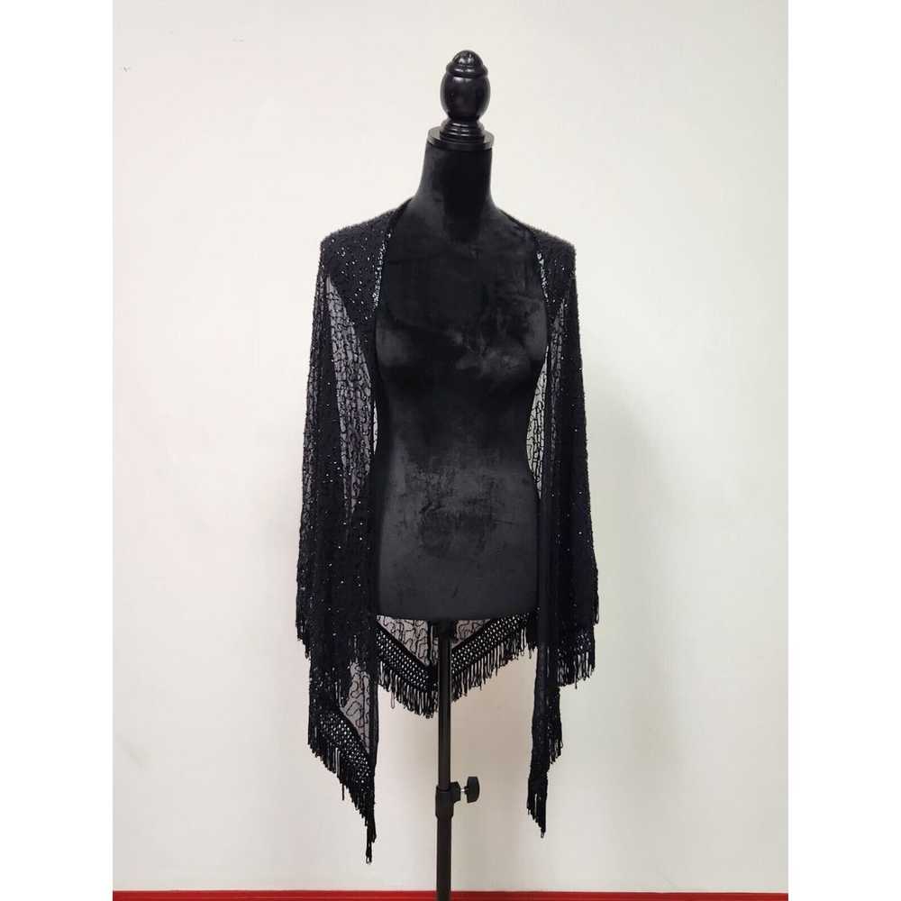 Vintage Women's Triangle Black Beaded Shawl Wrap … - image 4