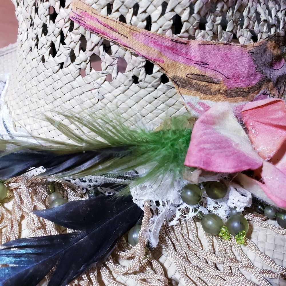 Vintage Scala Straw Hat Upcycled Painted beads, f… - image 3