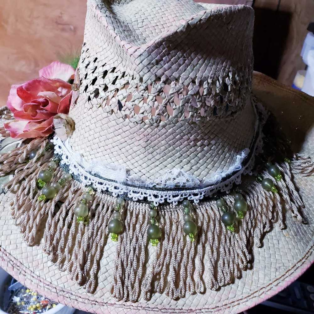 Vintage Scala Straw Hat Upcycled Painted beads, f… - image 4