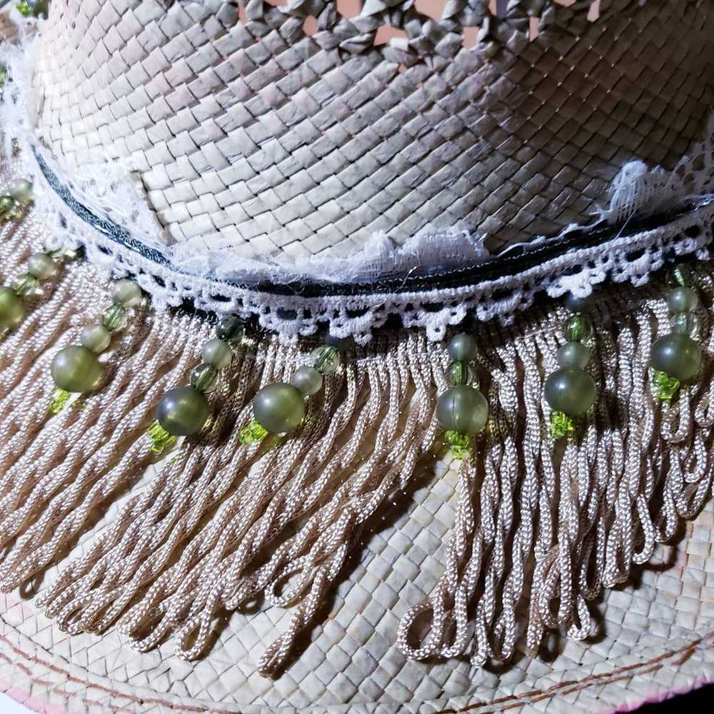 Vintage Scala Straw Hat Upcycled Painted beads, f… - image 9