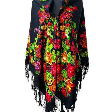 Vintage Floral Wool Shawl with Fringe - Black Mul… - image 1