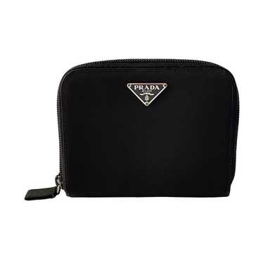 Prada black nylon triangle logo compact zip wallet