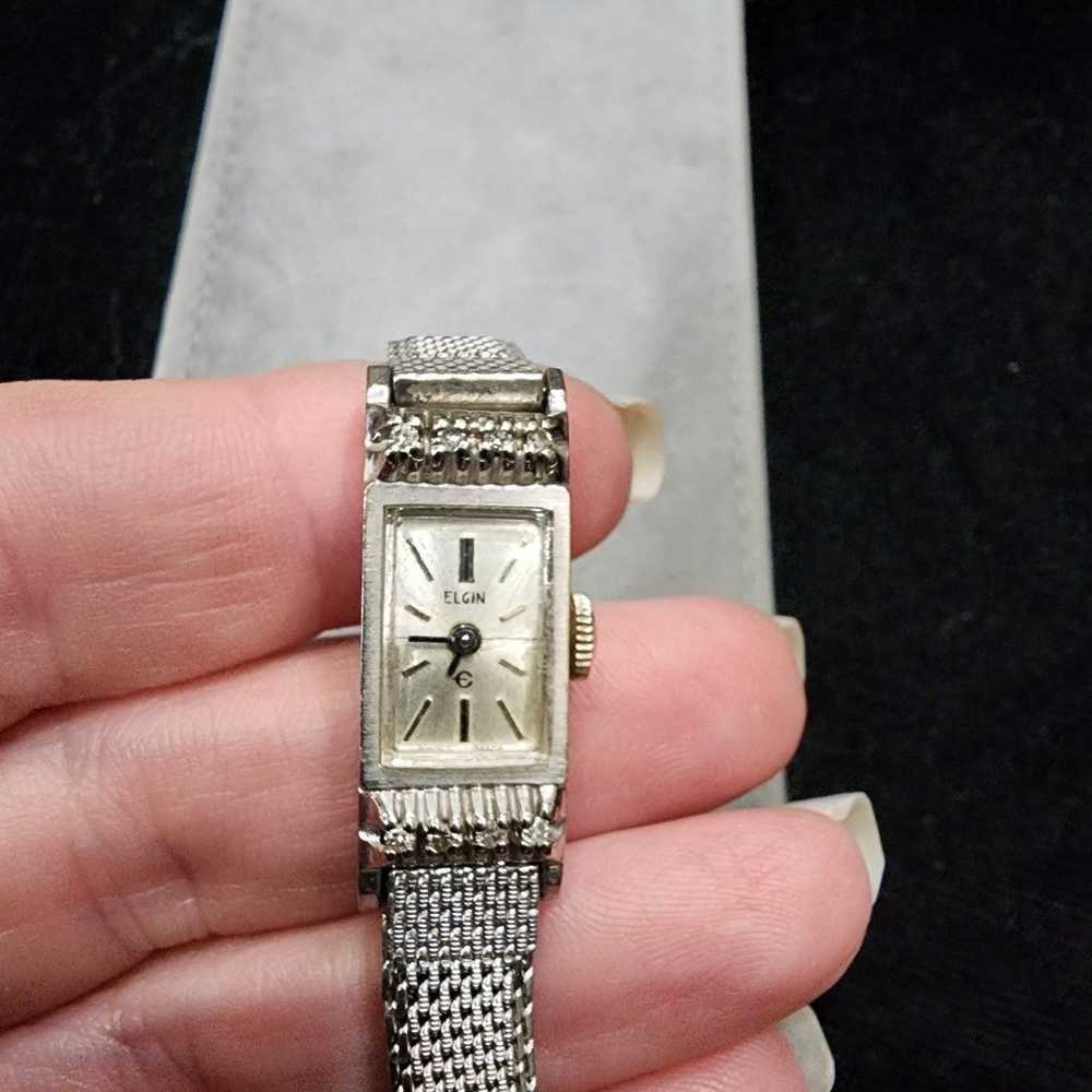 Elgin Solid 10K White Gold Manual Ladies Watch w … - image 3