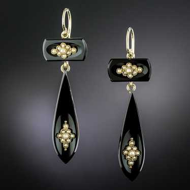 English Victorian Onyx and Seed Pearl Dangle Earri