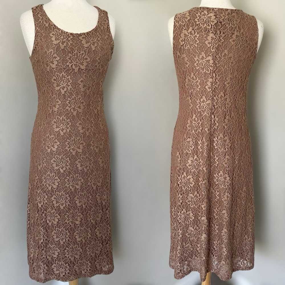 Chicos Tan Floral Lace Midi Dress Size S Lined Sl… - image 1