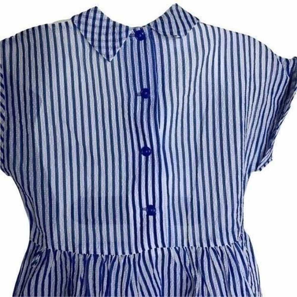 Vintage 50s Striped Crinkle Swing Dress S Blue Sh… - image 5