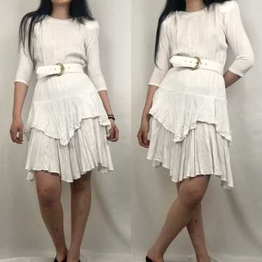 Vintage White Layered Ruffled Dress with Belt