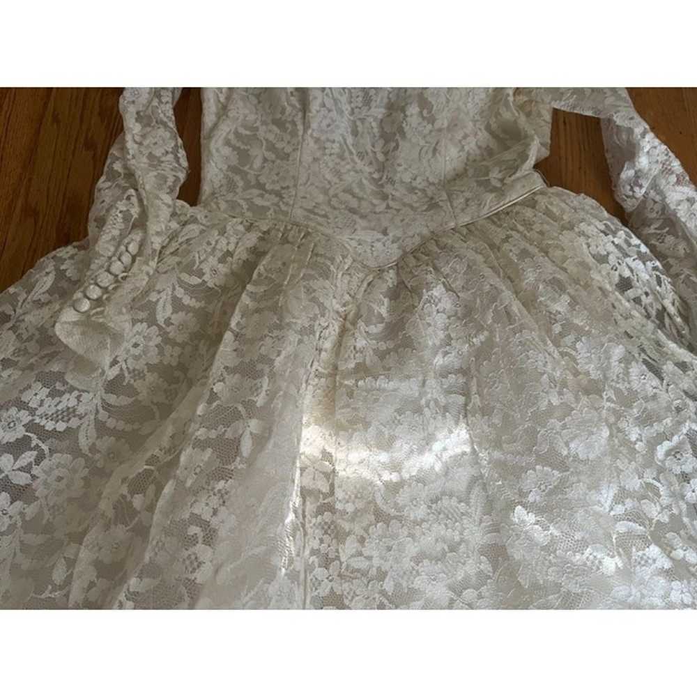 70s Lace, Tulle + Satin Long Sleeve Wedding Dress - image 3