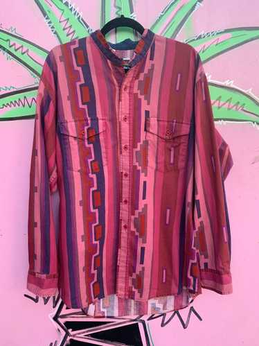 1990S AZTEC PRINT MOCK COLLAR LONG SLEEVE BUTTON U