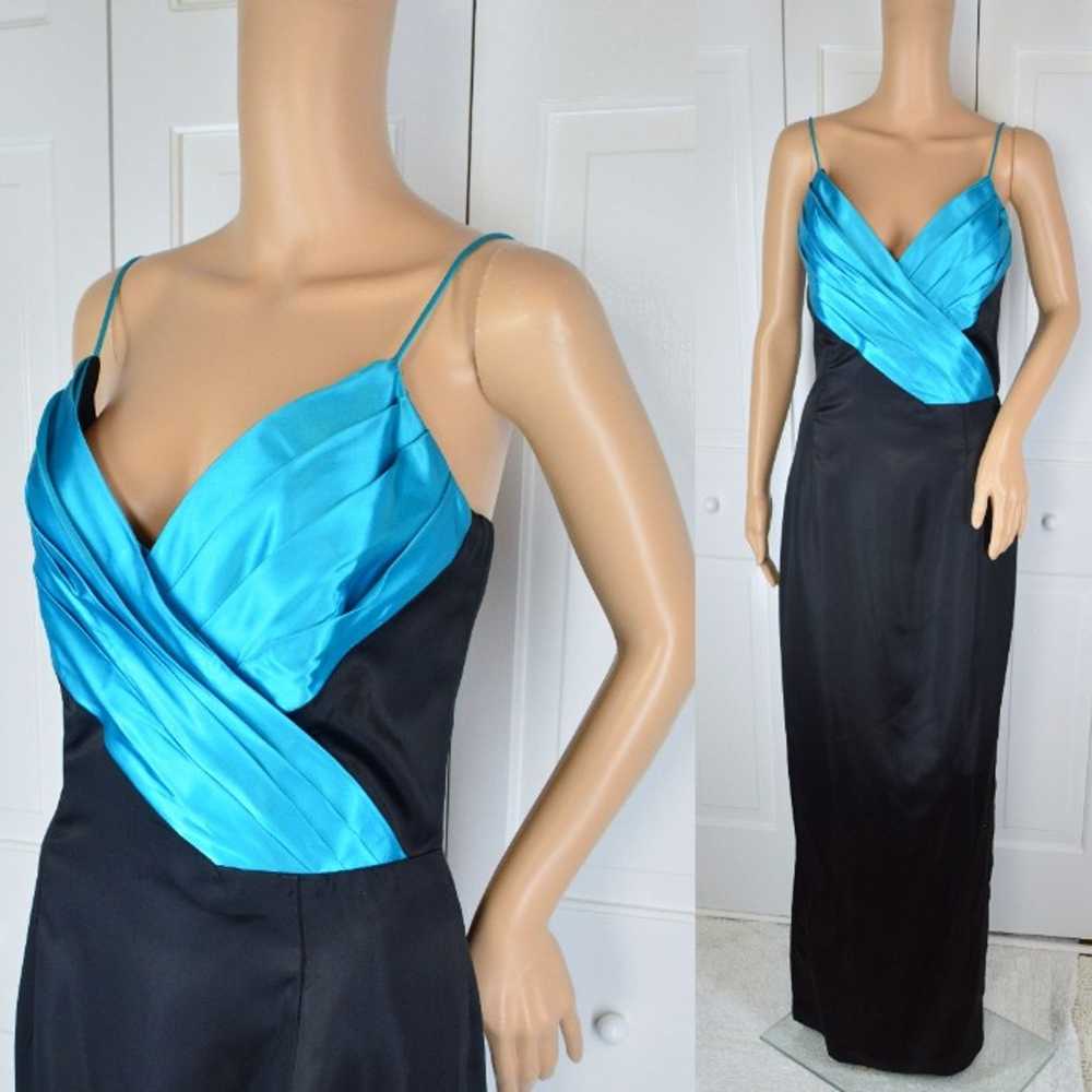 VTG Roberta Black Turquoise Color Block Plunging … - image 1